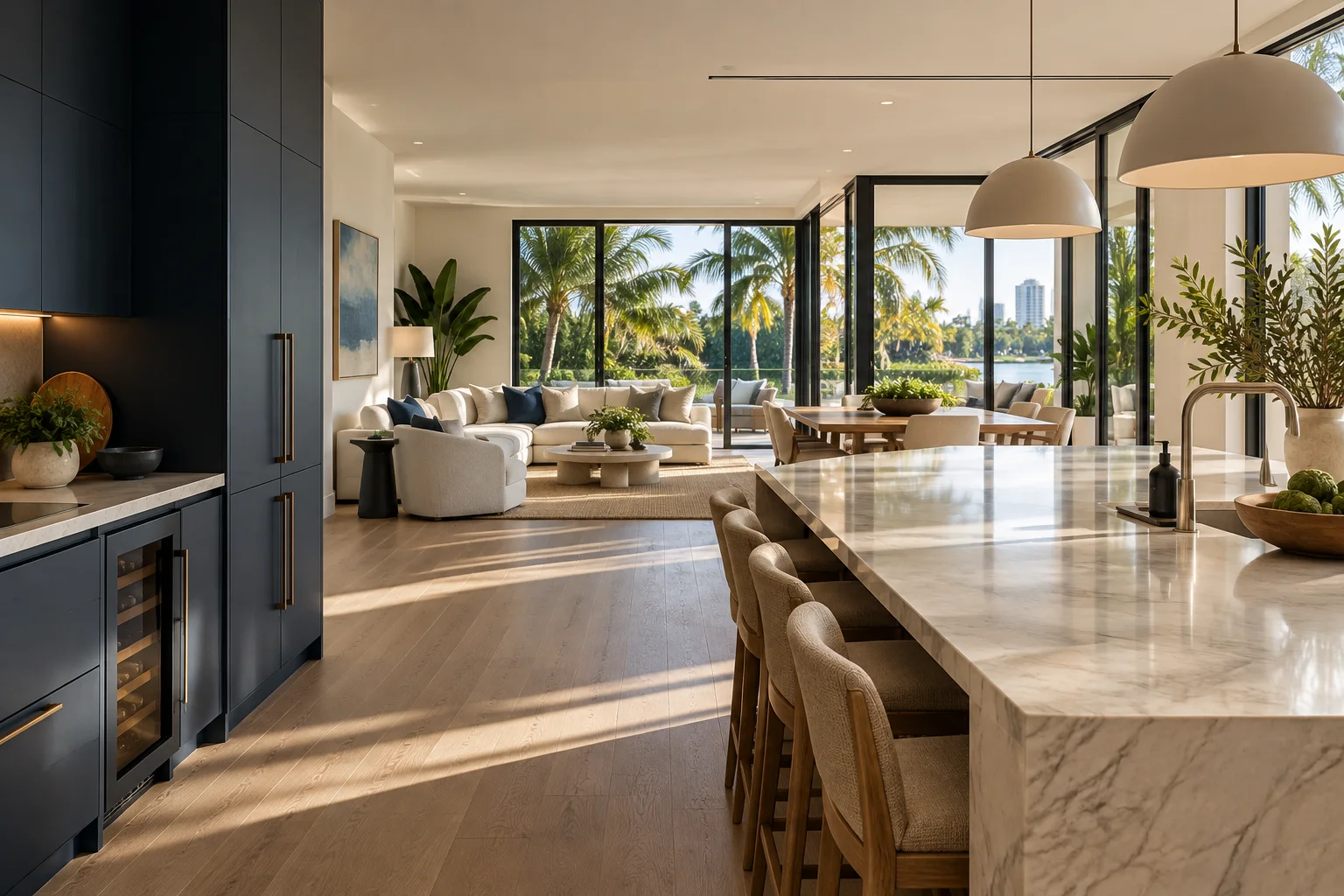 Interior contemporáneo con cocina clara y palmeras al exterior; imagen ilustrativa